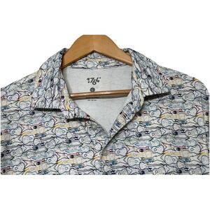 1764 Polo Shirt Mens Large White Guitar All Over Print Stretch Performance Golf